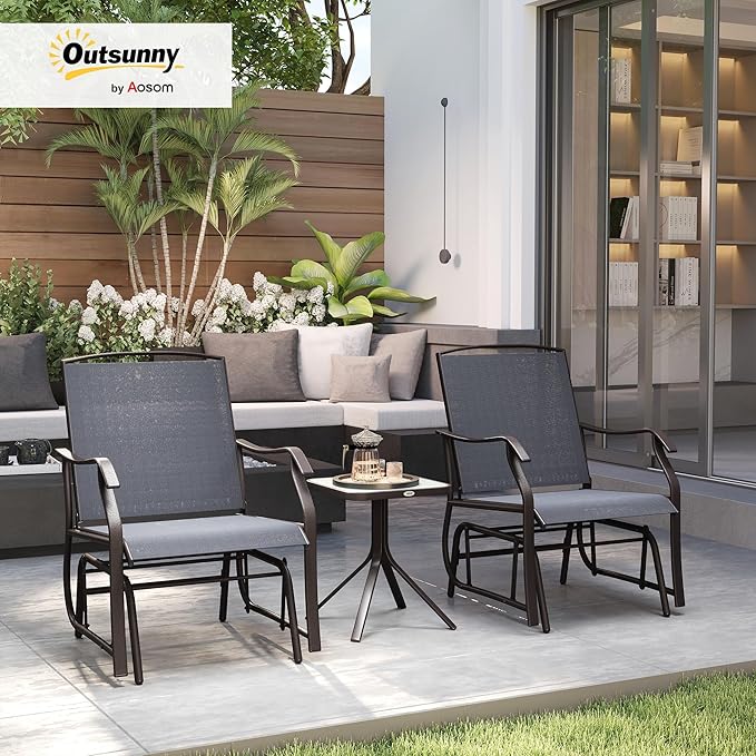 Outsunny 3 Piece Outdoor Glider Chair with Coffee Table Bistro Set, 2 Patio Rocking Swing Chairs with Breathable Sling Fabric, Glass Tabletop, for Backyard, Garden and Porch, Gray