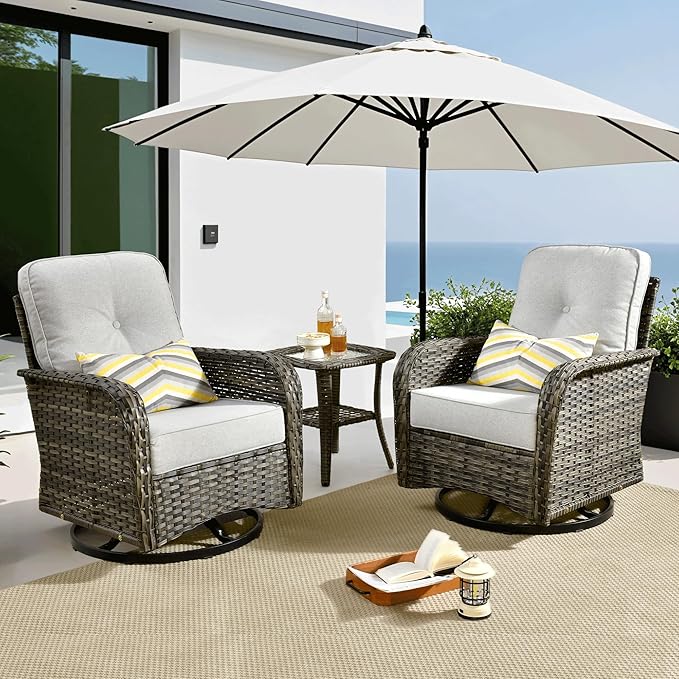 ovios 3 Pieces Patio Furniture Set, Outdoor Rocking Chairs of 2, Wicker Swivel Glider Chairs with Side Table Thick Cushions, All Weather Rattan Bistro Set for Porch, Grey