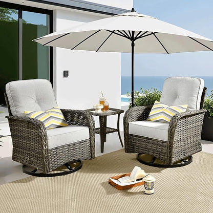 ovios 3 Pieces Patio Furniture Set, Outdoor Rocking Chairs of 2, Wicker Swivel Glider Chairs with Side Table Thick Cushions, All Weather Rattan Bistro Set for Porch, Grey