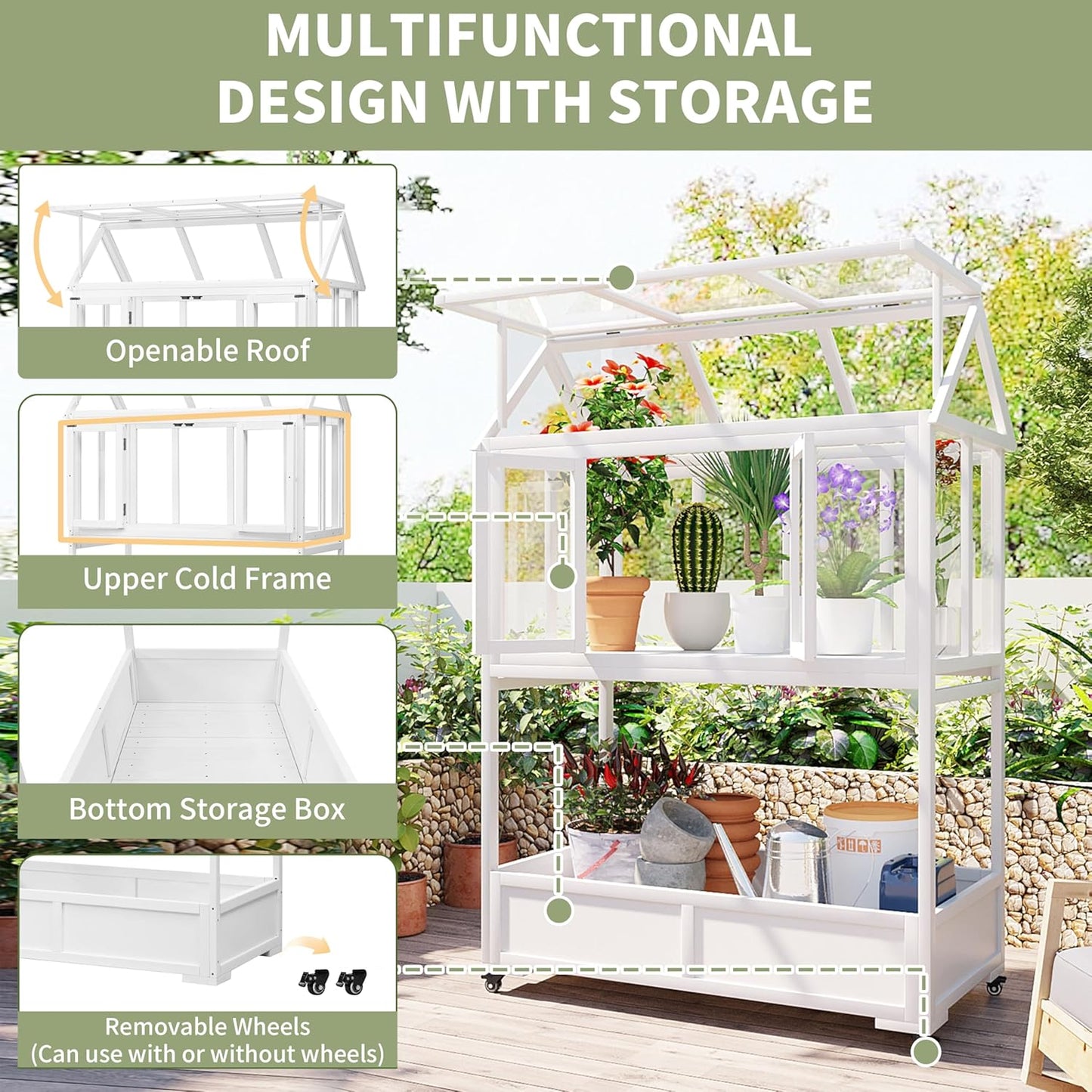 Portable Wooden Cold Frame Greenhouse with Wheels - 47" Mini Greenhouse with Adjustable Roof, Storage Box & Polycarbonate Panels - Plant Protector for Seedlings, Herbs & Winter Gardening (White)