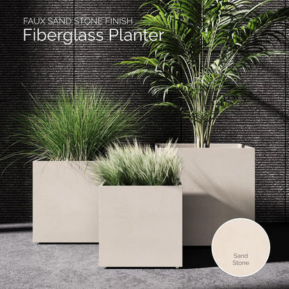 Reglito Cube Planter – Fiberglass Indoor/Outdoor and Weather-Resistant Large Planter (Sand Stone, 39.4" L x 39.4" W x 40" H)