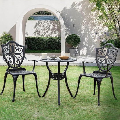 NUU GARDEN 3-Piece Outdoor Bistro Set, Round 24 Inch Cast Aluminum Bistro Table with 2.17" Umbrella Hole and 2 Cast Aluminum Bistro Chairs, for Patio, Garden, Backyard and Balcony, Black