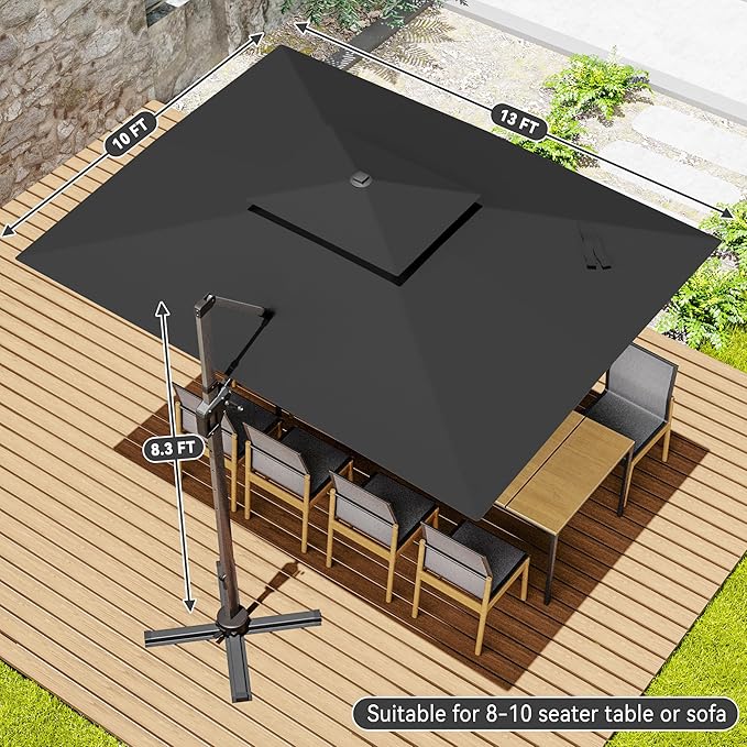 10x13 FT Cantilever Patio Umbrella Double Top Outdoor Rectangular Large Heavy Duty Aluminum Offset Umbrellas with 7 Level Tilt 360-degree Rotation for Pool Garden Deck, Grey