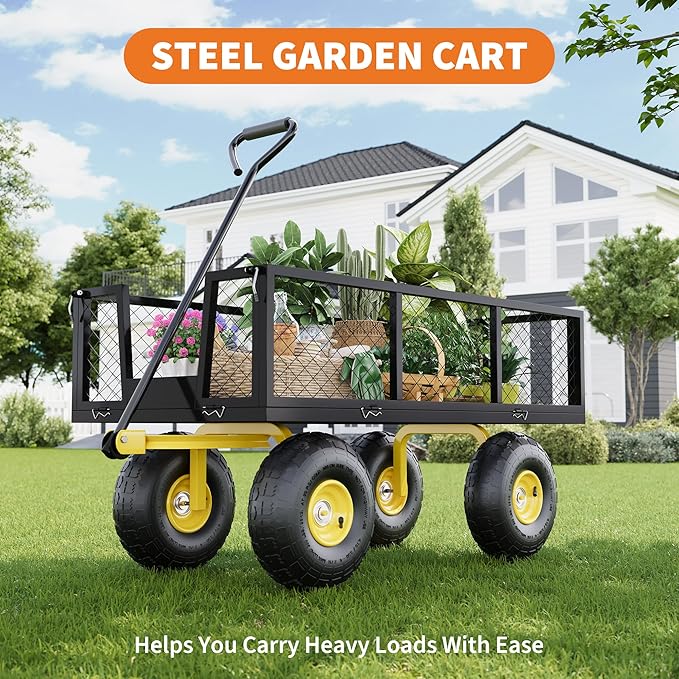 500 Lbs Garden Wagon, 2-in-1 Heavy-Duty Steel Garden Cart, with 10 Inch All-Terrain Tires and Removable Mesh Side Panels, 180° Rotating Handle, Metal Utility Yard Trailer, Outdoor Gardens Wagon Cart