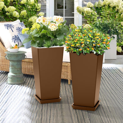 Set of 2 Tall Planters, 24" Large Indoor Outdoor Flower Pots with Tray, Modern Tapered Planters for Porch, Patio, Garden, Backyard