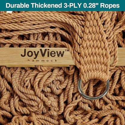 JoyView Traditional Rope Double Hammock - Hand Woven Cotton Hammock with Hardwood Spreader Bar and Pillow 450lb Capacity for Outdoor Indoor Patio Yard - Brown