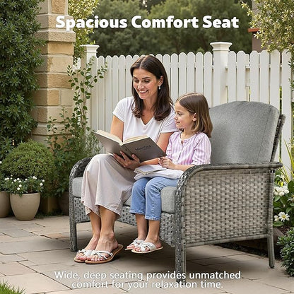 4-Piece Wicker Patio Furniture Set, All-Weather Rattan Conversation Bistro Loveseat Chair and Table Set for Backyard, Balcony and Deck with Soft Cushions and Metal Table(Dark Gray)