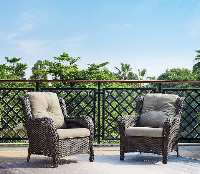 Rilyson Outdoor Wicker Patio Chairs Set of 2: Rattan Dining and Porch Chairs with High Back and Deep Seating (Brown/Grey)