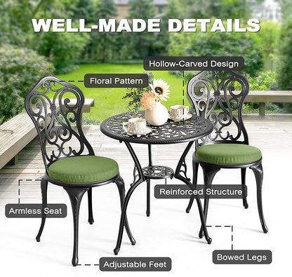 NUU GARDEN Patio 3-Piece Bistro Set with Cushions, Patio Chairs and Outdoor Round Table with Umbrella Hole, Cast Aluminum Patio Set for Lawn, Garden, Porch, Poolside, Black