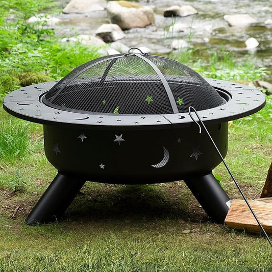 SUNCREAT 42" Extra Large Bonfire Fire Pit, Steel Round Fire Pit Table for Backyard, Garden, Outside, Star Pattern