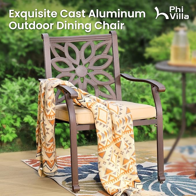PHI VILLA Patio Dining Set for 6 Person, 7 Piece Cast Aluminum Outdoor Table Chair Set with 54" Dia Cast-Top Aluminum Table(2.1" Umbrella Hole) and 6 Extra Wide Dining Chairs with Seat Cushions