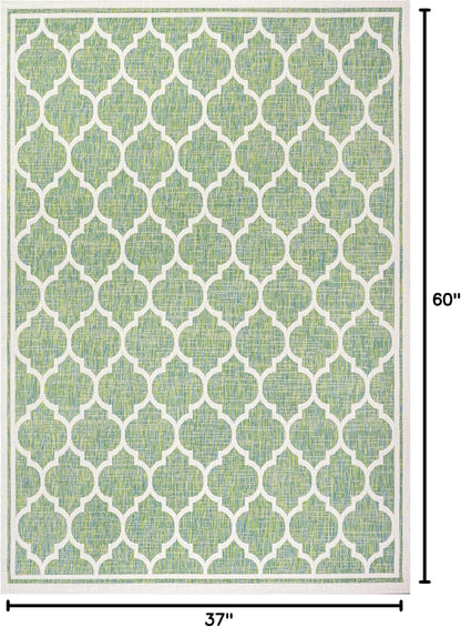 Eyely BMS109I-3 Santa Monica Trebol Moroccan Trellis Textured Weave Indoor/Outdoor Area Rug Coastal;Bohemian, Bedroom, Backyard, Patio, Easy-Cleaning, Non-Shedding, 3 X 5, Cream/Green