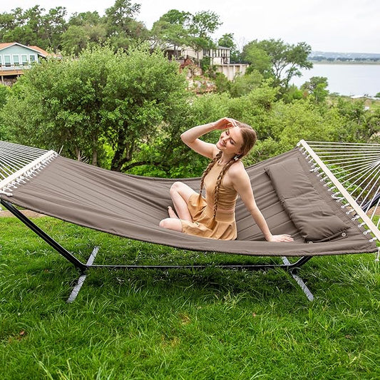 SUNCREAT 55 Inch Extra Large Double Hammock with 12 ft Stand, 475lbs Capacity, Outdoor Portable Hammock with Hardwood Spreader Bar, Extra Large Pillow, Brown