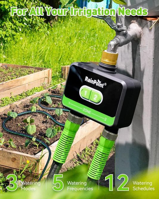 RainPoint WiFi Water Timer for Garden Hose with Brass Inlet, 2-Zone Smart Hose Timer, WiFi Irrigation Controller, Automatic Sprinkler Watering System for Lawns and Yard