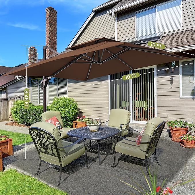 10x10 FT Cantilever Patio Umbrella with Base Included Double Top Outdoor Square Large Heavy Duty Aluminum Offset Umbrellas with 7 Level Tilt 360-degree Rotation for Pool Garden Deck,Brown
