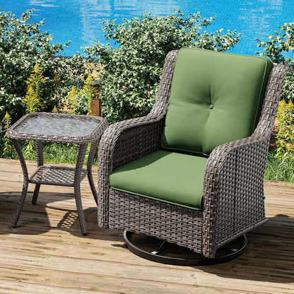Joyside Outdoor Swivel Rocker Patio Chair and Matching Side Table - 2-Piece Wicker Patio Bistro Set with Premium Fabric Cushions (Brown Mixed with Grey/Green)