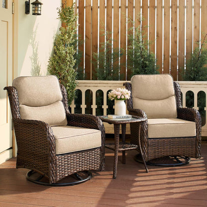 HILLGA Luxury Patio Furniture Set with 6-Inch Thick Cushions, High Back Outdoor Swivel Rocker Chairs and Table, 3-Piece All Weather Conversation Set for Porch Deck Balcony Yard, Beige (V3)