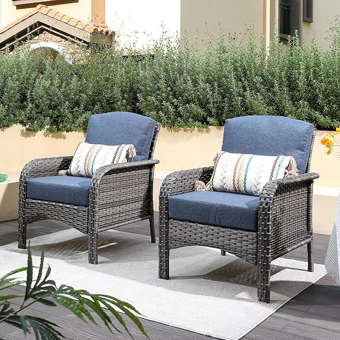2 Pack Wicker Patio Furniture Chairs,Outdoor Rattan Chairs with Armrest Support 250 lb,Blue