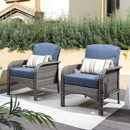 2 Pack Wicker Patio Furniture Chairs,Outdoor Rattan Chairs with Armrest Support 250 lb,Blue