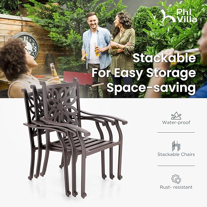 PHI VILLA 7 Piece Cast Aluminum Patio Dining Set for 6, Outdoor Table and Chairs, Patio Furniture Set with 63" x 37.4" Aluminum Table and 6 Swivel Rockers Dining Chairs with Cushions
