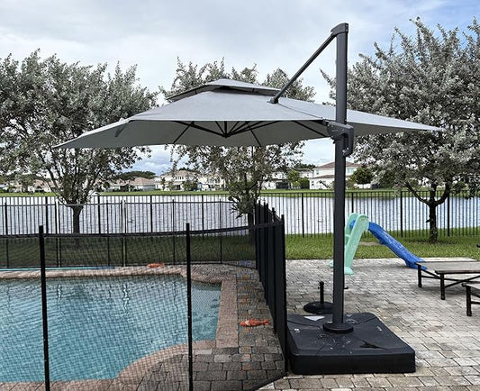 PURPLE LEAF 12 FT Cantilever Patio Umbrella Outdoor Umbrella with 330lbs Base Large Square Windproof Offset Umbrella for Pool Deck Garden, Pebble Grey