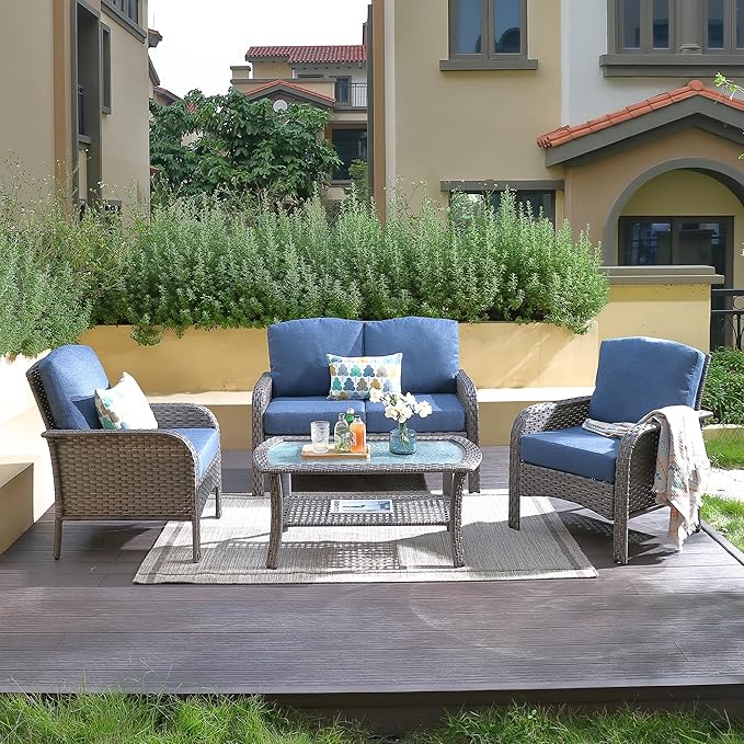 4-Piece Wicker Patio Furniture Set, All-Weather Rattan Conversation Bistro Loveseat Chair and Table Set for Backyard, Balcony and Deck with Soft Cushions and Metal Table(Blue)