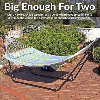 Sunnydaze Double Quilted Fabric Hammock with Universal Steel Stand - 450-Pound Capacity - Black Stand - Blue and Green