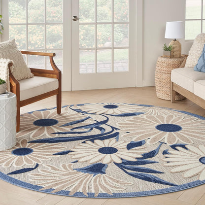 Nourison Home Aloha Outdoor Blue Grey 5'3" x Round Area Rug, Easy Cleaning, Non Shedding, Bed Room, Living Room, Dining Room, Deck, Backyard, Patio (5 Round)