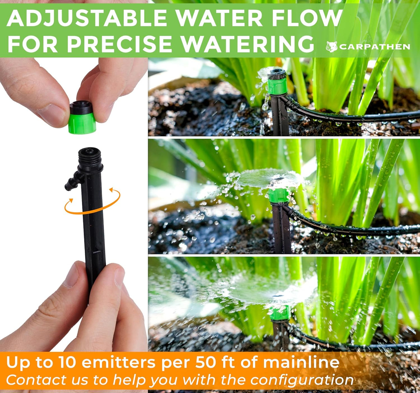 CARPATHEN 100 Drip Irrigation Emitters Vortex - Drip Irrigation Parts for Irrigation Kit - 1/4 inch Irrigation Tubing Compatible - 360 deg Adjustable Fan Sprayer for Raised Garden Bed, Potted Plants