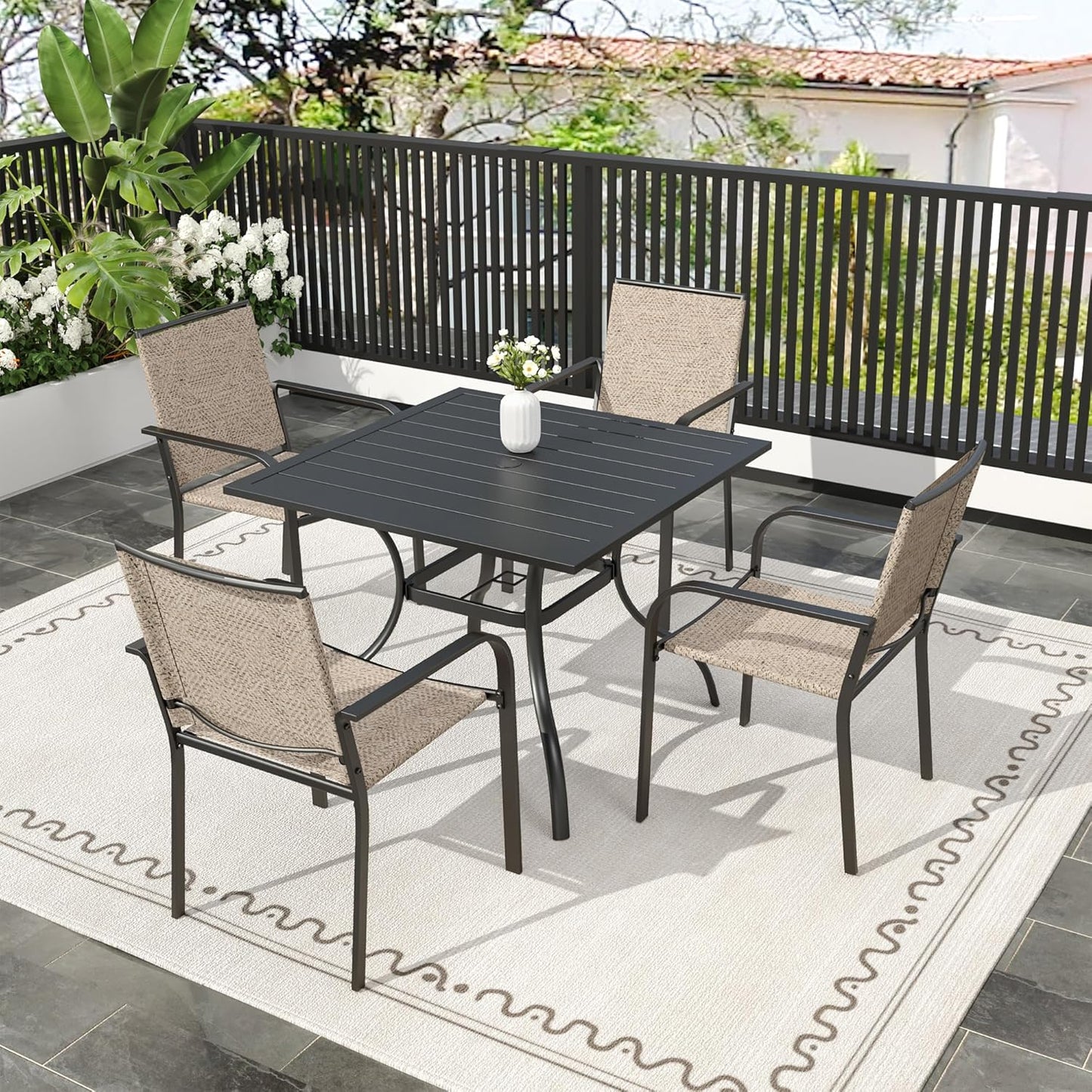 Anumutig 5-Piece Outdoor Dining Set, 35‘’Square Table with 4 Stackable Patio Chairs, All Weather Frame Furniture Set - Beige