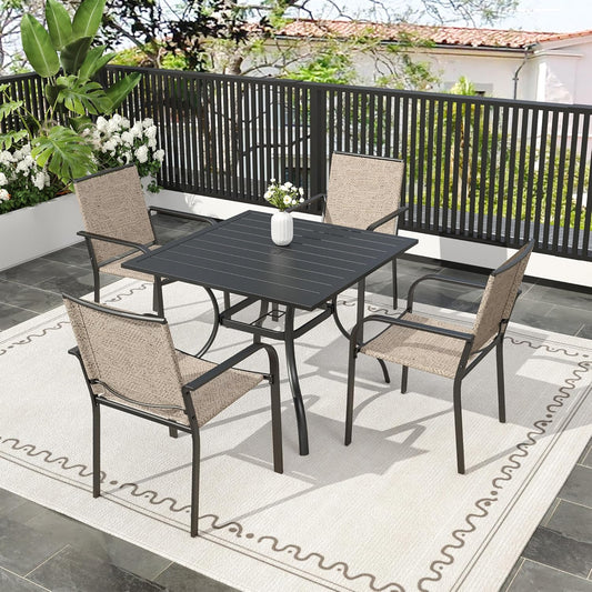 Anumutig 5-Piece Outdoor Dining Set, 35‘’Square Table with 4 Stackable Patio Chairs, All Weather Frame Furniture Set - Beige