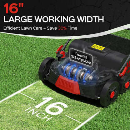 16-Inch 15.5 Amp 2-in-1 Electric Dethatcher and Scarifier with 14.5-Gallon Collection Bag, Lawn Dethatcher with 5-Position Adjustment, Quick-Fold, Keeps Lawn Healthy - Red