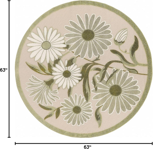 Nourison Home Aloha Indoor/Outdoor Ivory Green 5'3" x Round Area Rug, Easy-Cleaning, Non Shedding, Bed Room, Living Room, Dining Room, Backyard, Patio, Deck (5 Round)