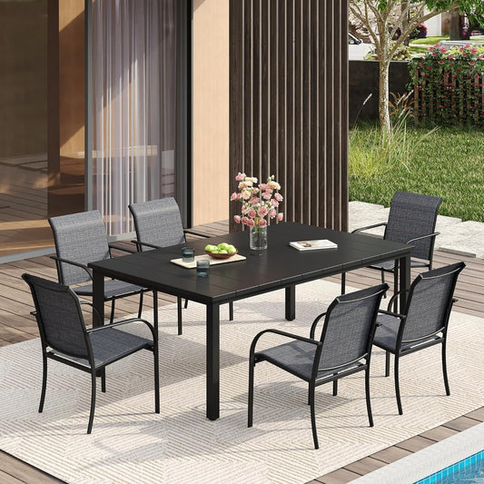 VICLLAX Patio Dining Set for 6, Outdoor Furniture Set Includes 63" Rectangle Patio Table and 6 Patio Sling Chairs, Outdoor Table and Chairs for Outsides, Black Tabletop and Dark Grey Fabric