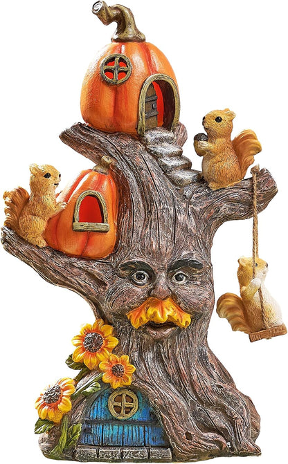 TERESA'S COLLECTIONS Fall Decor, Pumpkin Decor, Tree Spirit and Squirrels Pumpkin House with Solar Lights, Outdoor Fall Decor Waterproof Resin, Fall Gift Outdoor/Indoor,11"