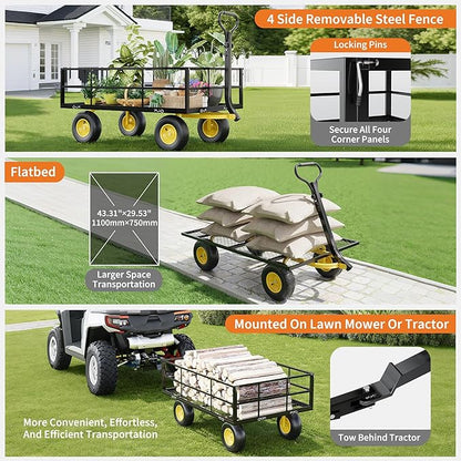 1400LB Capacity Garden Cart, 3-in-1 Heavy Duty Utility Wagon with 13" All-Terrain Tires, Removable Mesh Sides & 180° Swivel Handle - Outdoor Yard Cart for Gardening, Farming, Patio Use
