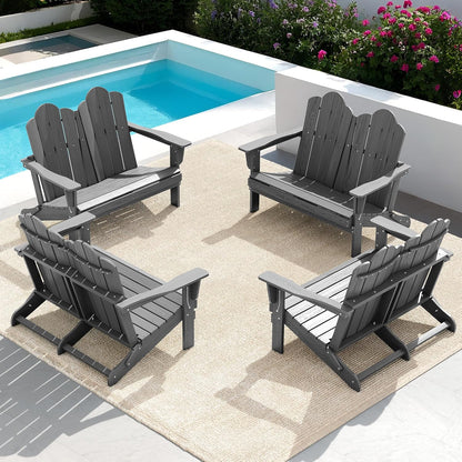 SERWALL 2 Person Adirondack Loveseat, HDPE All-Weather Folding Adirondack Bench Chair, Outdoor Adirondack Chair Set of 4, Grey