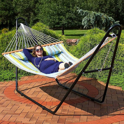 Sunnydaze Double Quilted Fabric Hammock with Universal Steel Stand - 450-Pound Capacity - Black Stand - Blue and Green