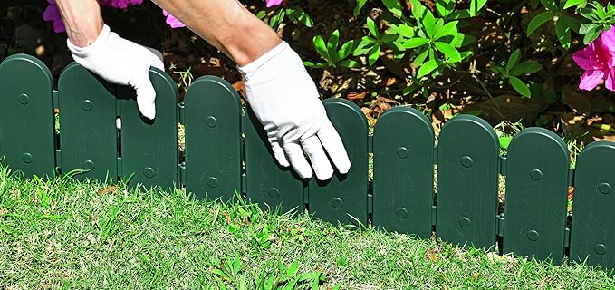 Evelyne Garden Border Edging: Wooden Fence Design - 16pcs Green Yard Landscaping Fence Liner Lawn Edge Barrier - 20ft Kit of Decorative Lawn Landscape Panels Elements -Landscaping Edging-GMT-10374-B16
