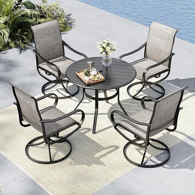 MFSTUDIO Patio Table and Chairs Set of 4, Round Outdoor Dining Set with Umbrella Hole, 5 Piece Patio Furniture Set for Deck/Backyard/Poolside/Garden
