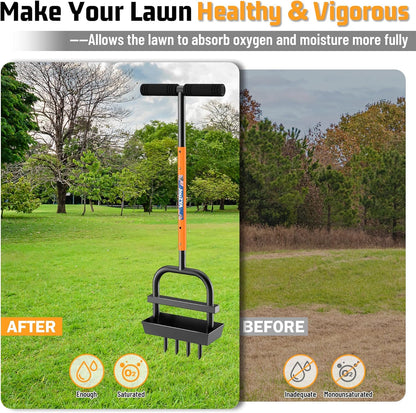 Lawn Aerator Coring Tool with Soil Core Collection Tray, 4 Tines Manual Yard Air Grass Aerator Gardening Tool for Lawn Care Courtyard,Orange（Updated Box）