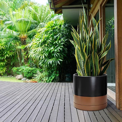 D'vine Dev 14 Inch Ceramic Planter Pot with Drainage Hole and Saucer, Indoor Cylinder Round Planter Pot, Black/Speckled Tan, 94-O-G-7