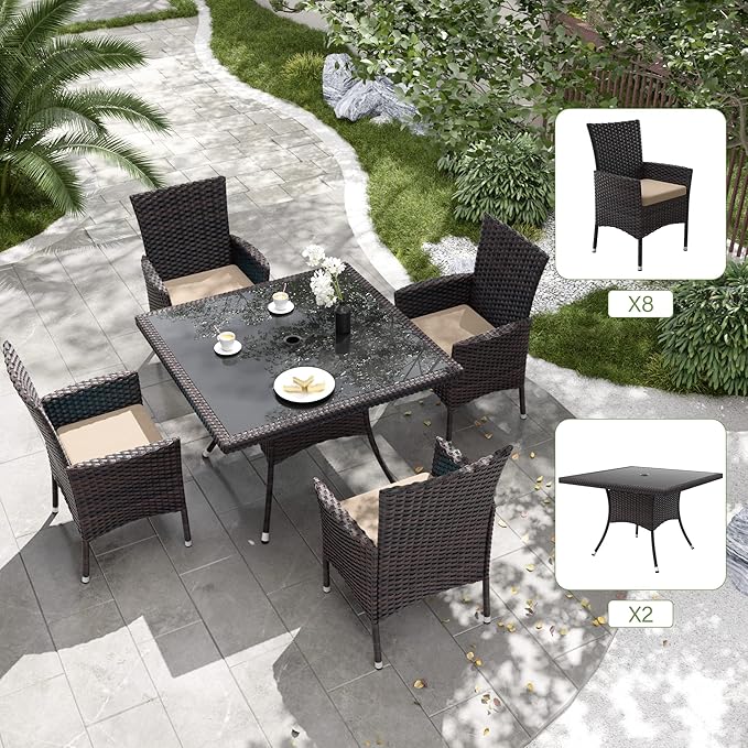 Kurapika 10-Piece Patio Furniture Outdoor Dining Set, Wicker Rattan Patio Dining Table and Chairs Set, Square Tempered Glass Tabletop and 8 Chair Set, Sand
