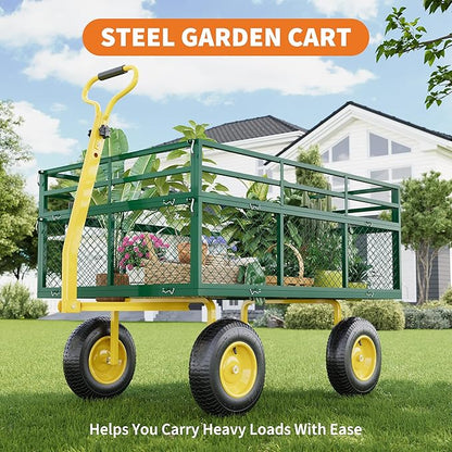 1400LB Capacity Garden Cart, 3-in-1 Heavy Duty Utility Wagon with 13" All-Terrain Tires, Removable Mesh Sides & 180° Swivel Handle - Outdoor Yard Cart for Gardening, Farming, Patio Use