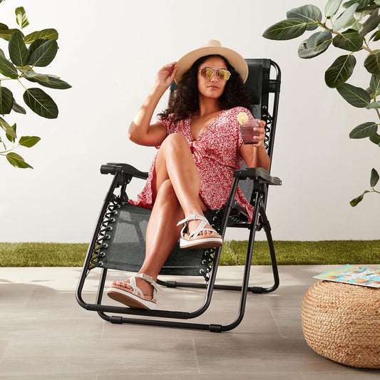 Amazon Basics Outdoor Patio Zero Gravity Lounge Chair with Pillow, Folding Reclining and Textilene Adjustable, Folding Lounge Lawn Chairs for Outside, 26", Black