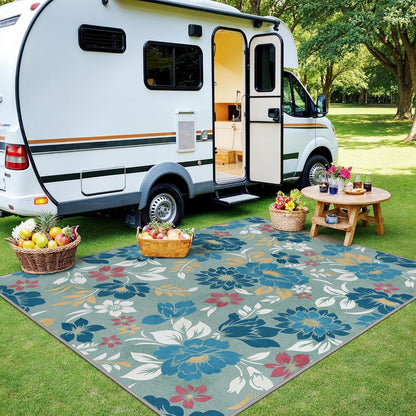 GENIMO Indoor Outdoor Area Rug 6' X 9' Waterproof, Washable Patio Rug Non Shedding, Easy Cleaning Floral Outdoor Carpet for Living Room, Bedroom, Dining Room, Balcony, Backyard, Deck, RV, Blue Grey