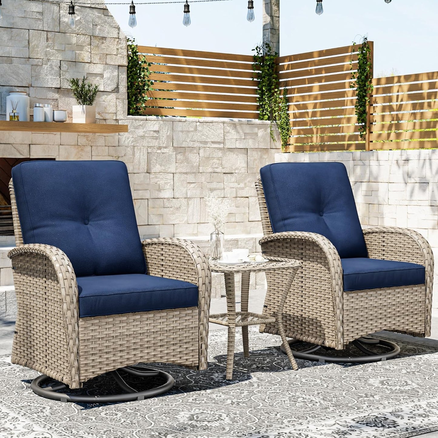 Joyside Outdoor Swivel Rocker Chairs, 3 Piece Wicker Patio Set with Thick Cushion and Side Table, Rattan Patio Swivel Rocking Chairs for Porch, Deck Use (Natural/Blue, 3 PCS)