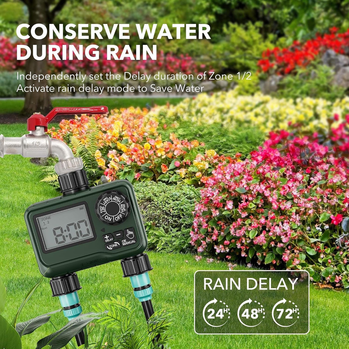 BN-LINK Sprinkler Timer Outdoor - 2 Zone Programmable Water Timer with Rain Delay, Automatic Irrigation System for Lawns & Garden Hoses - Waterproof Manual Controller with Large LCD Display
