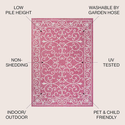 JONATHAN Y SMB106J-9 Charleston Vintage Filigree Textured Weave Indoor Outdoor Area Rug, Classic Traditional Easy-Cleaning,Bedroom,Kitchen,Backyard,Patio,Non Shedding, 9 X 12, Fuchsia/Light Gray