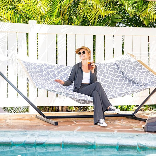 SUNCREAT 55 Inch Extra Large Double Hammock with Stand, 475lbs Capacity, Outdoor Portable Hammock with Hardwood Spreader Bar, Extra Large Pillow, Grey